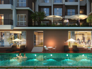 Flats Apartment Complex with Night Pool View